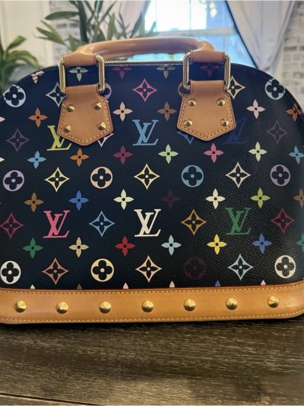 Louis Vuitton Black Multicolor Monogram Alma Satchel with Tan Trim